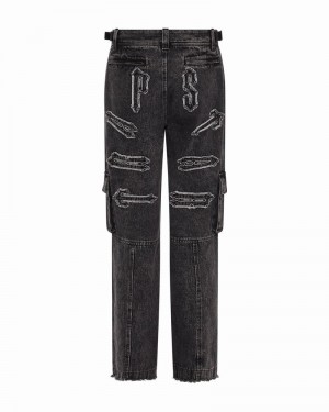 Pantalon Trapstar Arch Applique Distressed Denim Look Cargo Mujer Azules | UXMEYD-608